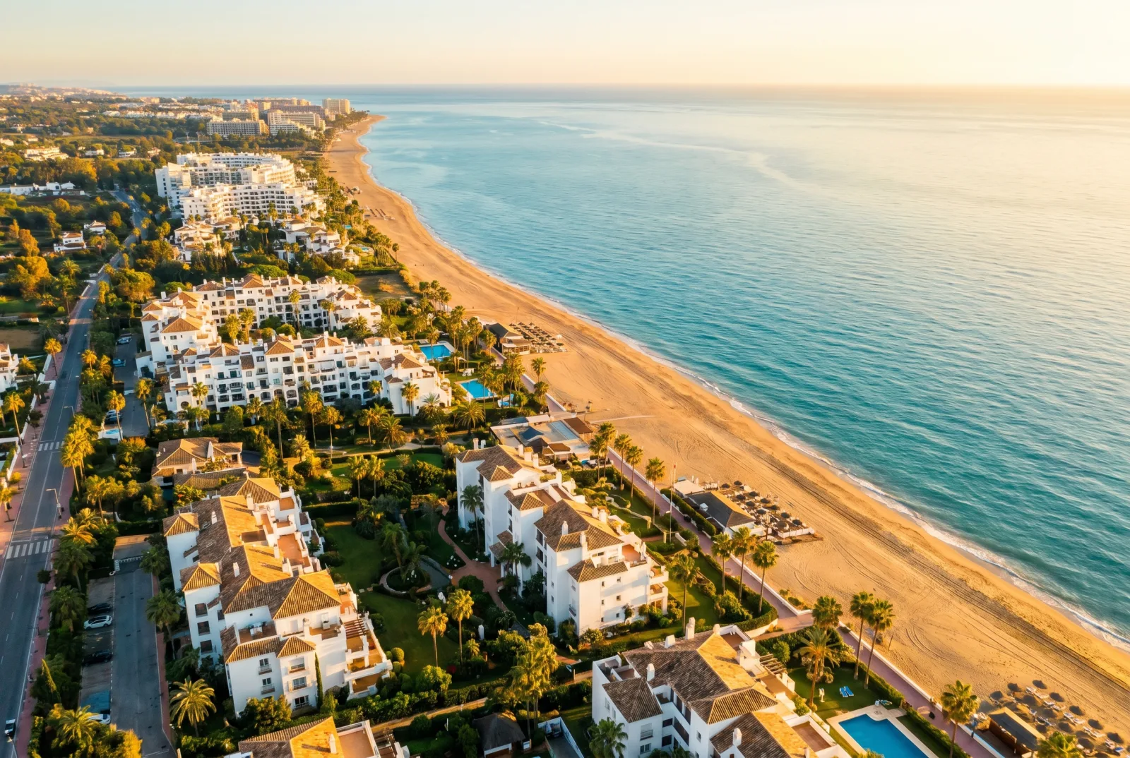 Aerial view of Marbella beachfront on the New Golden Mile, Costa del Sol